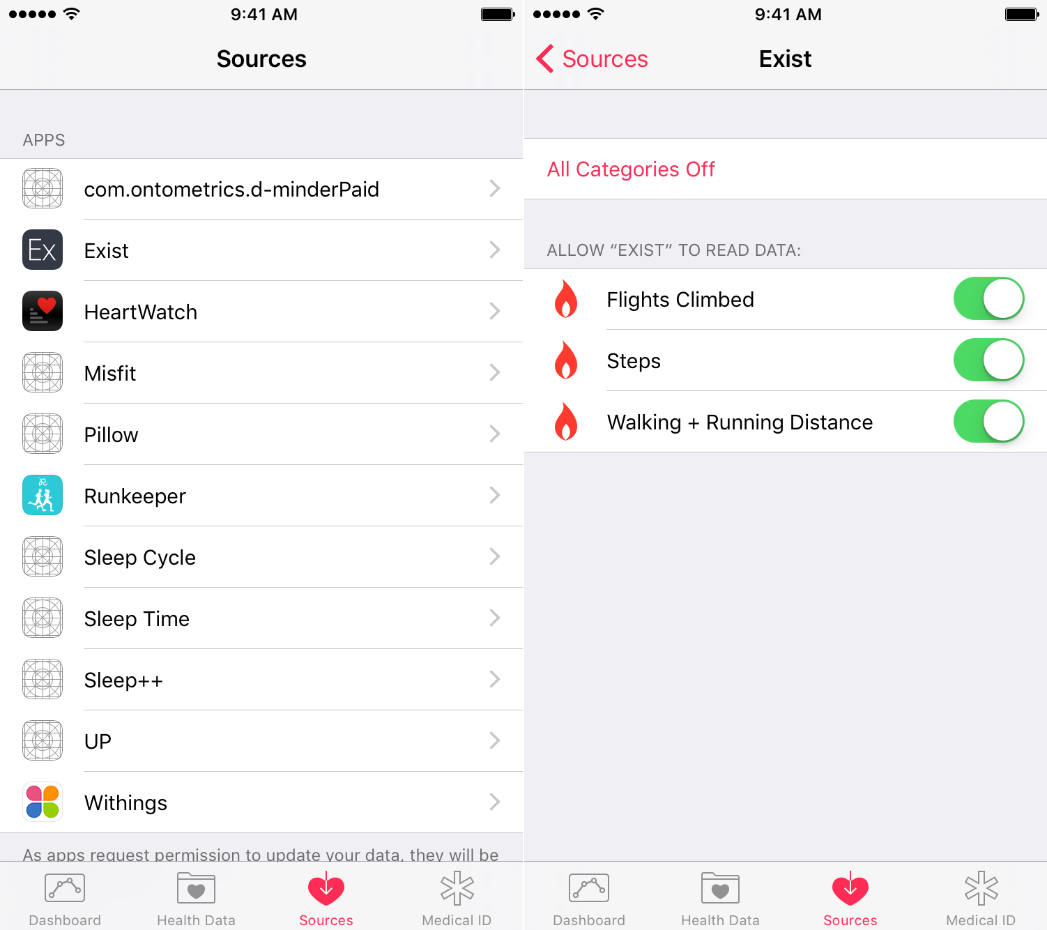 Apple Health in Exist - Apple Health settings