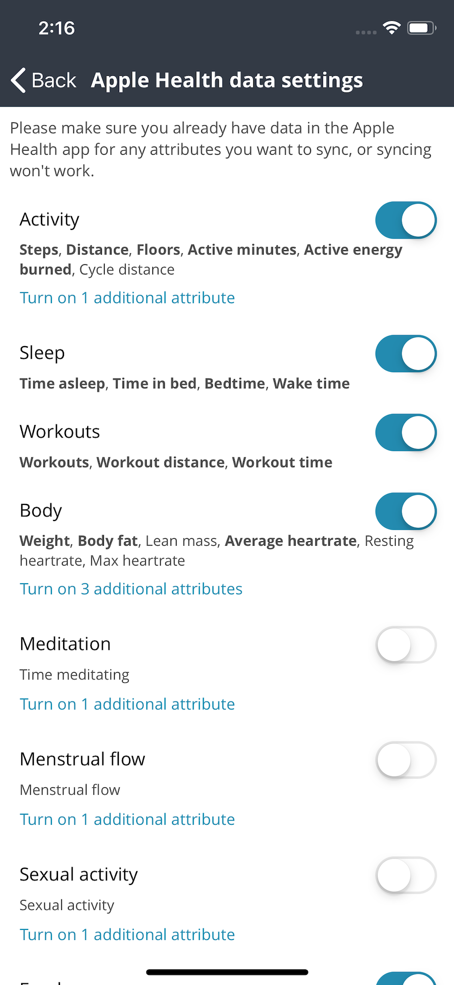 Apple Health settings screen